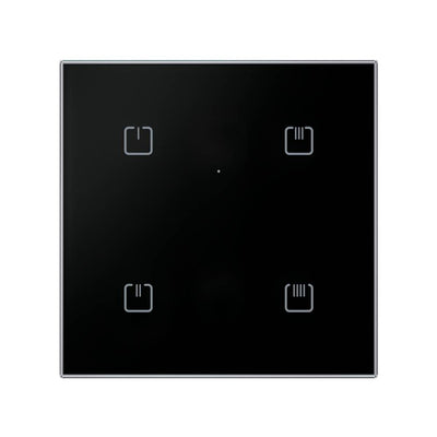 ELKO EP Glass Touch Controller RFGB-40B/MT in Schwarz, quadratische Glasfront mit vier Tastensymbolen und LED-Punkt