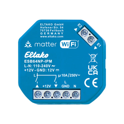 Eltako ESB64NP-IPM Beschattungsaktor von vorn, blaues Gehäuse mit Matter- und WLAN-Logo und fünf Schraubklemmen