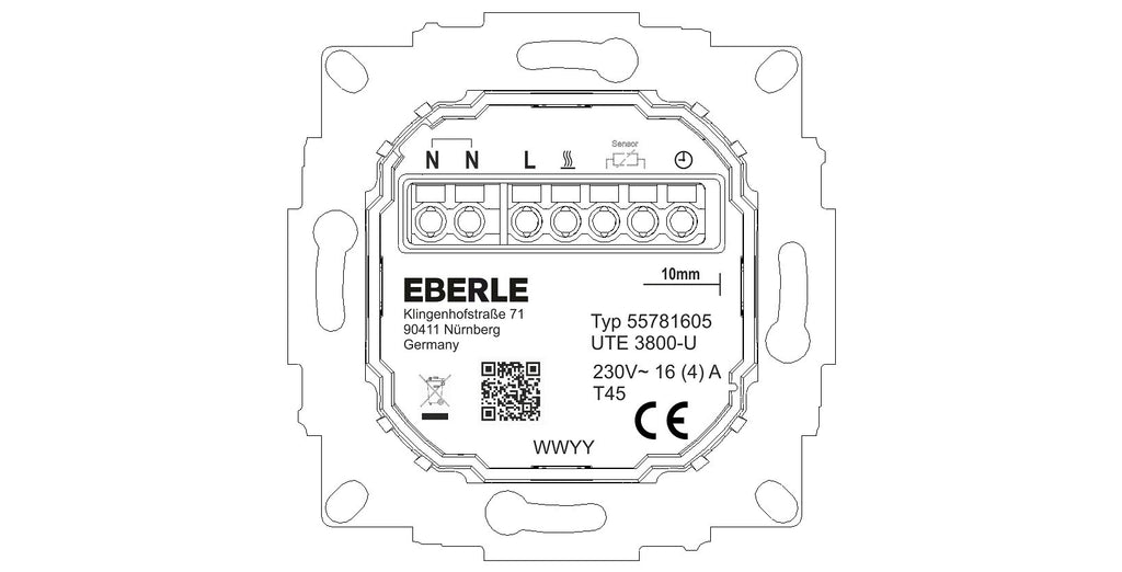 Klemmenseite des Eberle UTE 3800 mit Typenschild 55781605 und den Klemmen für Heizung, Sensor und Uhr