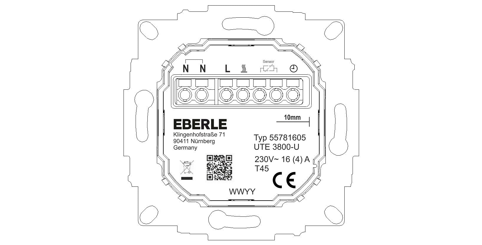 Klemmenseite des Eberle UTE 3800 mit Typenschild 55781605 und den Klemmen für Heizung, Sensor und Uhr