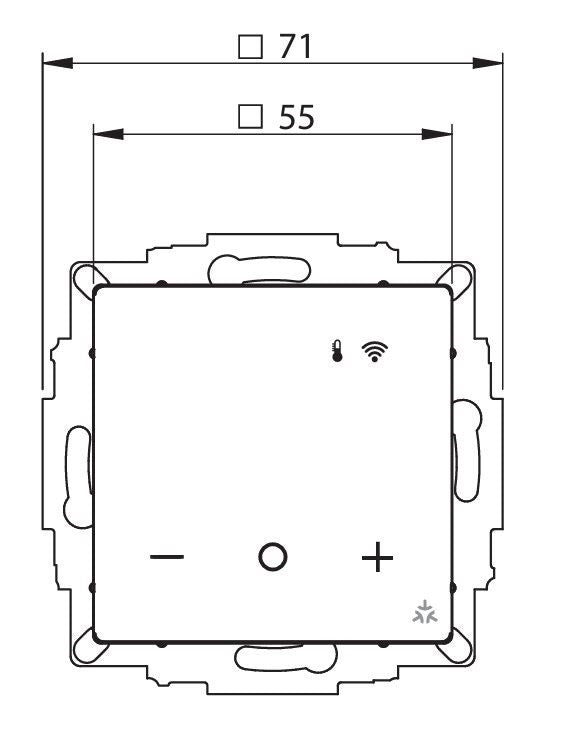 Maßzeichnung des Eberle UTE 3800: äußeres Quadrat 71 mm, inneres Einbauformat 55 mm