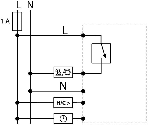 Anschlussschaltbild des Eberle UTE 3500 mit Triac-Ausgang, Klemmen H/C für Heizen/Kühlen und Universaleingang