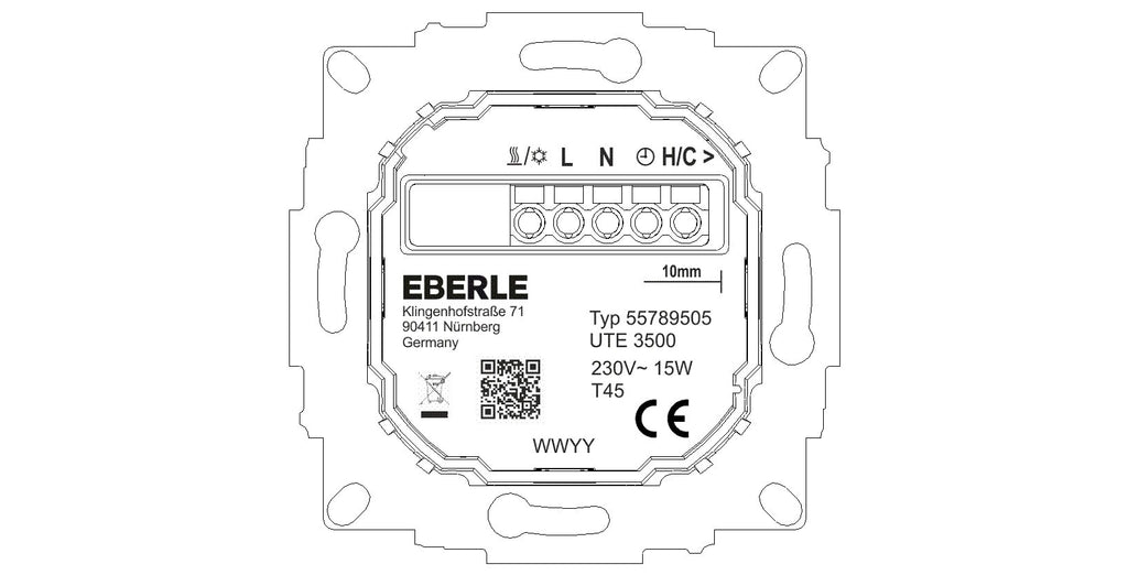 Rückseite des Eberle UTE 3500 mit fünfpoliger Steckklemme und Typenschild Typ 55789505, 230 V, 15 W