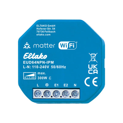Eltako Universal-Dimmaktor EUD64NPN-IPM von vorn, blaues Gehäuse mit Klemmenleiste und Aufdruck max. 300 W