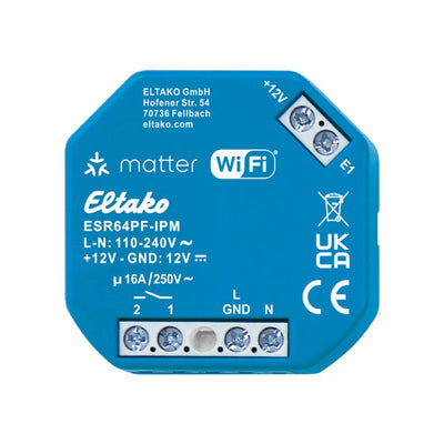 Eltako Schaltrelais ESR64PF-IPM von vorn, blaues Unterputzmodul mit Klemmen 2, 1, L, GND, N und Matter-Kennzeichnung