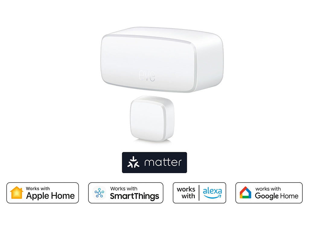 Eve Door & Window mit Logos für Matter, Apple Home, SmartThings, Alexa und Google Home