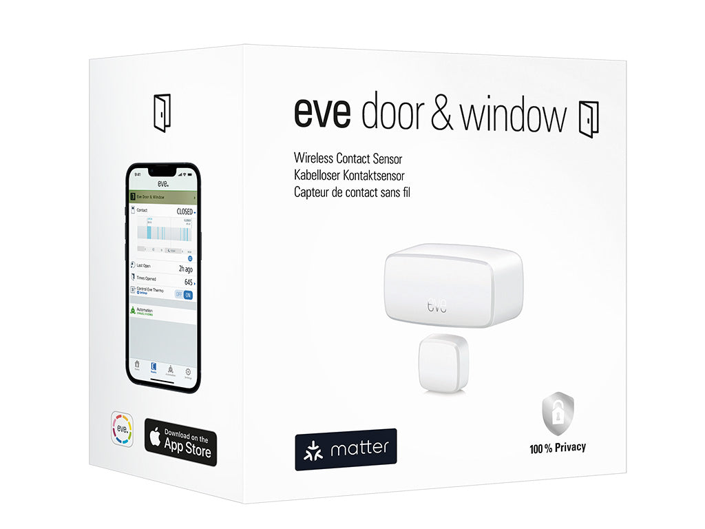 Verpackung des Eve Door & Window mit Smartphone-Ansicht der Eve App und Matter-Logo