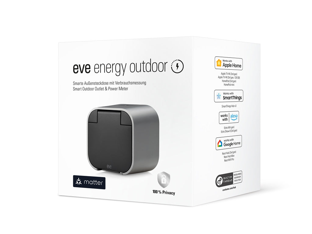 Verpackung des Eve Energy Outdoor, Seitenpanel mit Angaben zu Apple Home, SmartThings und Alexa