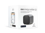 Verpackungsseite des Eve Energy Outdoor mit Smartphone und Verbrauchsdaten der Eve App