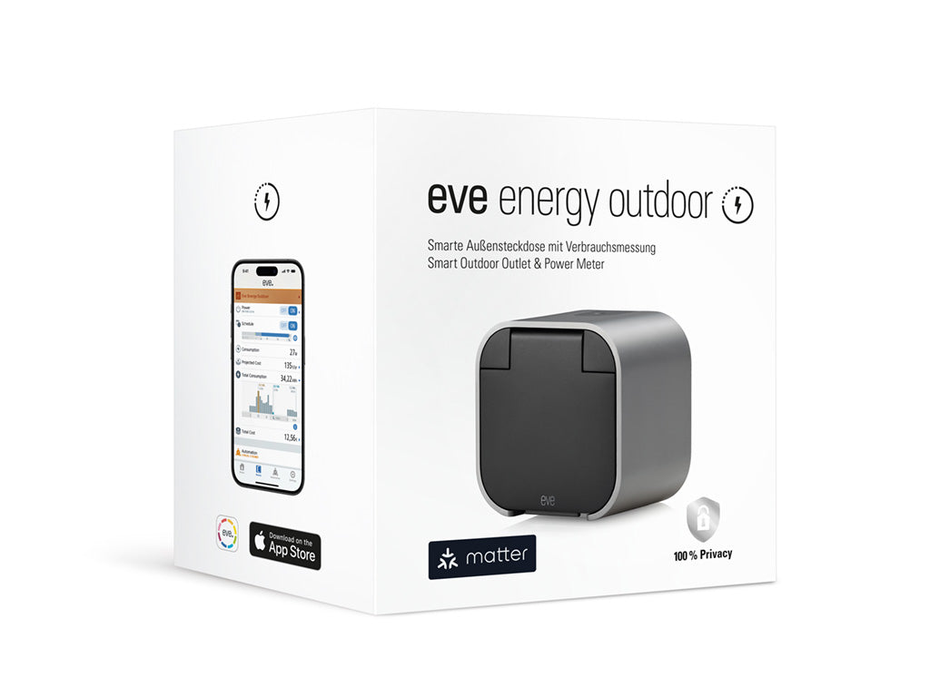 Verpackungsseite des Eve Energy Outdoor mit Smartphone und Verbrauchsdaten der Eve App
