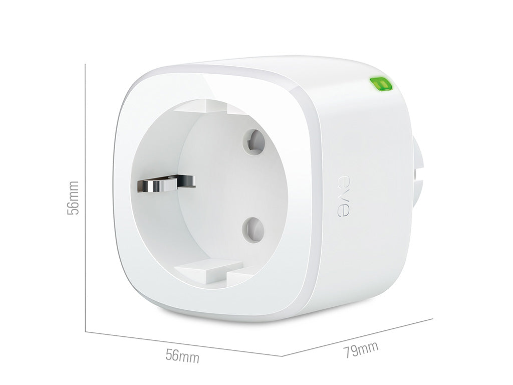 Maßzeichnung der Eve Energy Steckdose mit 56 mm Höhe, 56 mm Breite und 79 mm Tiefe