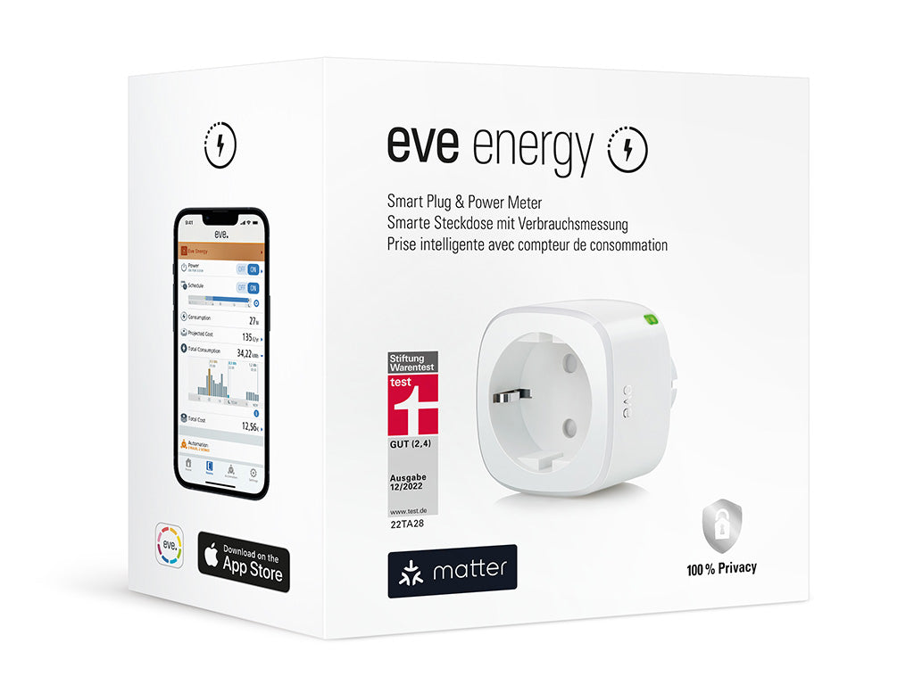 Verpackung der Eve Energy mit Stiftung-Warentest-Siegel GUT (2,4), Matter-Logo und Eve App
