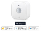 Eve Motion mit Logos für Matter, Apple Home, SmartThings und Google Home als Kompatibilitätsübersicht