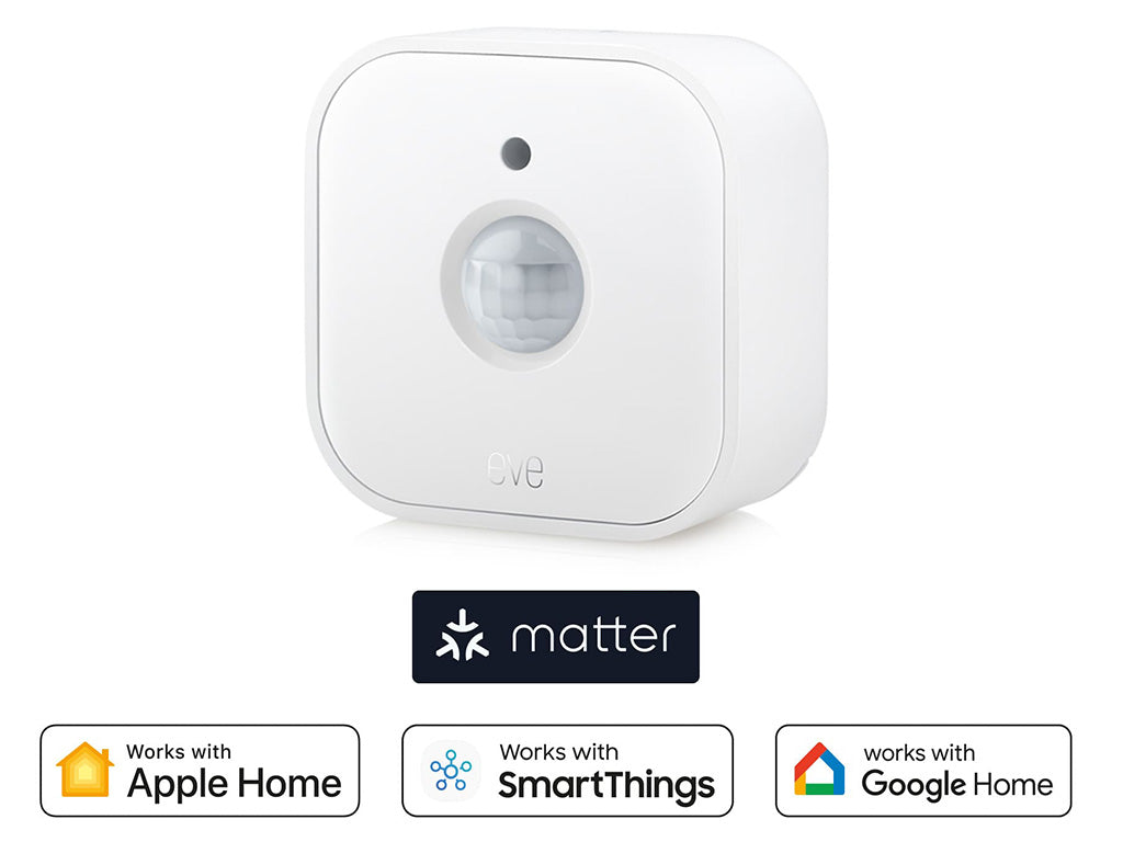 Eve Motion mit Logos für Matter, Apple Home, SmartThings und Google Home als Kompatibilitätsübersicht