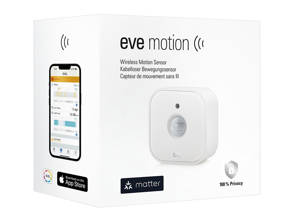 Verpackung des Eve Motion mit App-Ansicht auf dem Smartphone, Matter-Logo und Hinweis 100 % Privacy