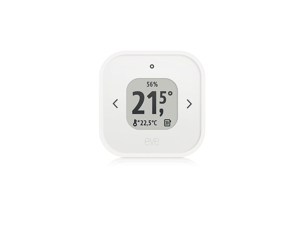 Eve Thermo Control frontal, Touch-Pfeile links und rechts neben dem E-Ink-Display