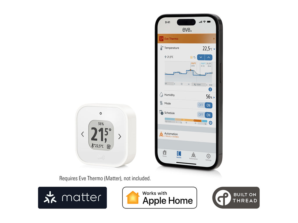 Eve Thermo Control neben iPhone mit Eve App, Temperaturverlauf sowie Matter-, Apple-Home- und Thread-Logo