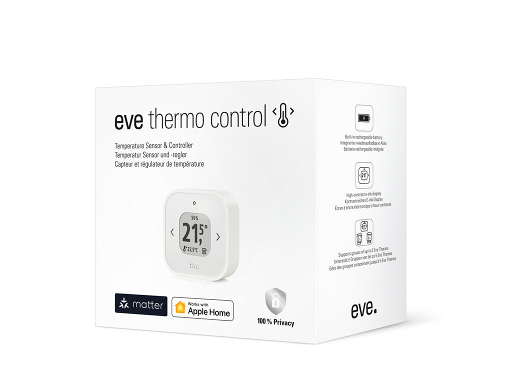 Verpackung des Eve Thermo Control mit Geräteabbildung sowie Matter- und Apple-Home-Logo