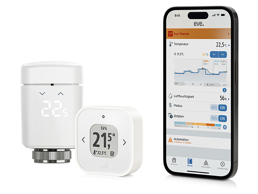 Eve Thermo Raumkomfort Set: Heizkörperthermostat und Thermo Control neben iPhone mit Eve App