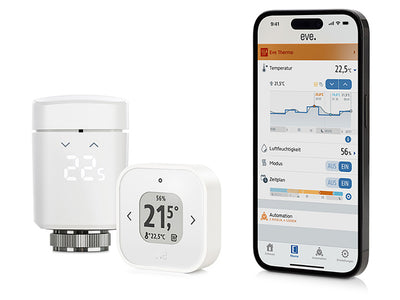 Eve Thermo Raumkomfort Set: Heizkörperthermostat und Thermo Control neben iPhone mit Eve App