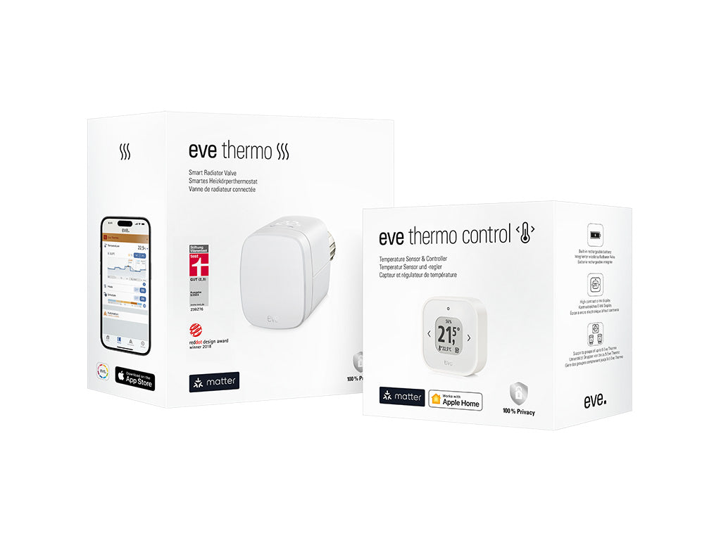 Verpackungen des Eve Thermo Raumkomfort Sets, Karton eve thermo neben Karton eve thermo control