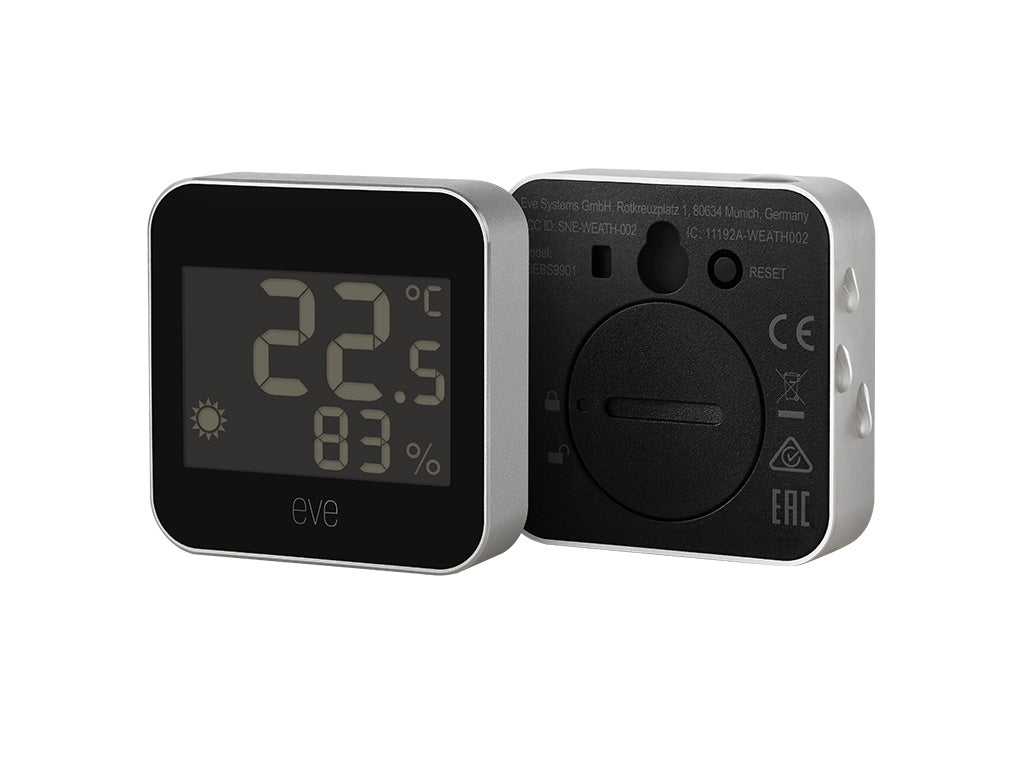 Eve Weather von vorn und von hinten: Display mit 22,5 °C und 83 %, Rückseite mit Batteriefach und Reset-Taste