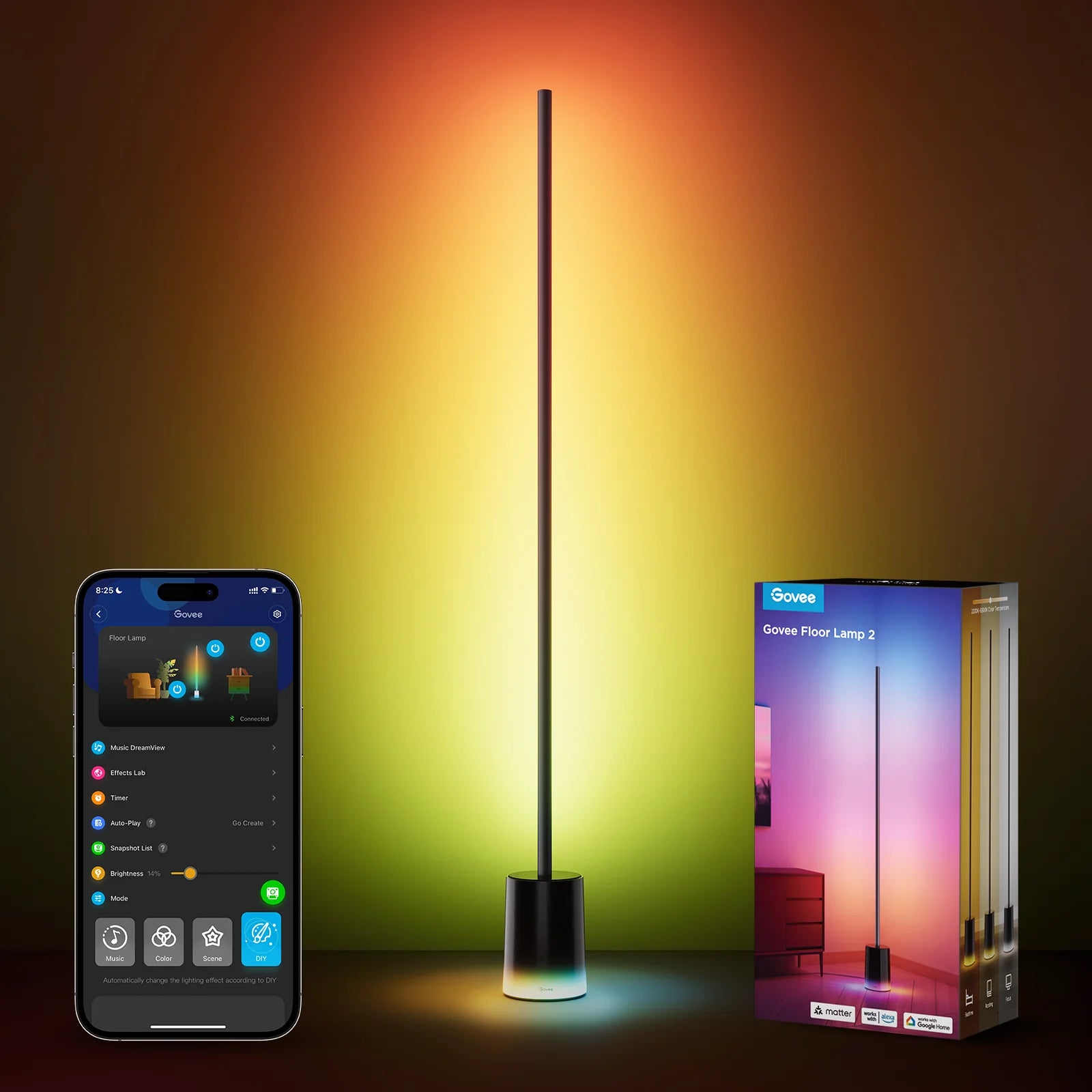 Govee Floor Lamp 2 leuchtet bunt, daneben Smartphone mit Govee Home App und der Produktkarton