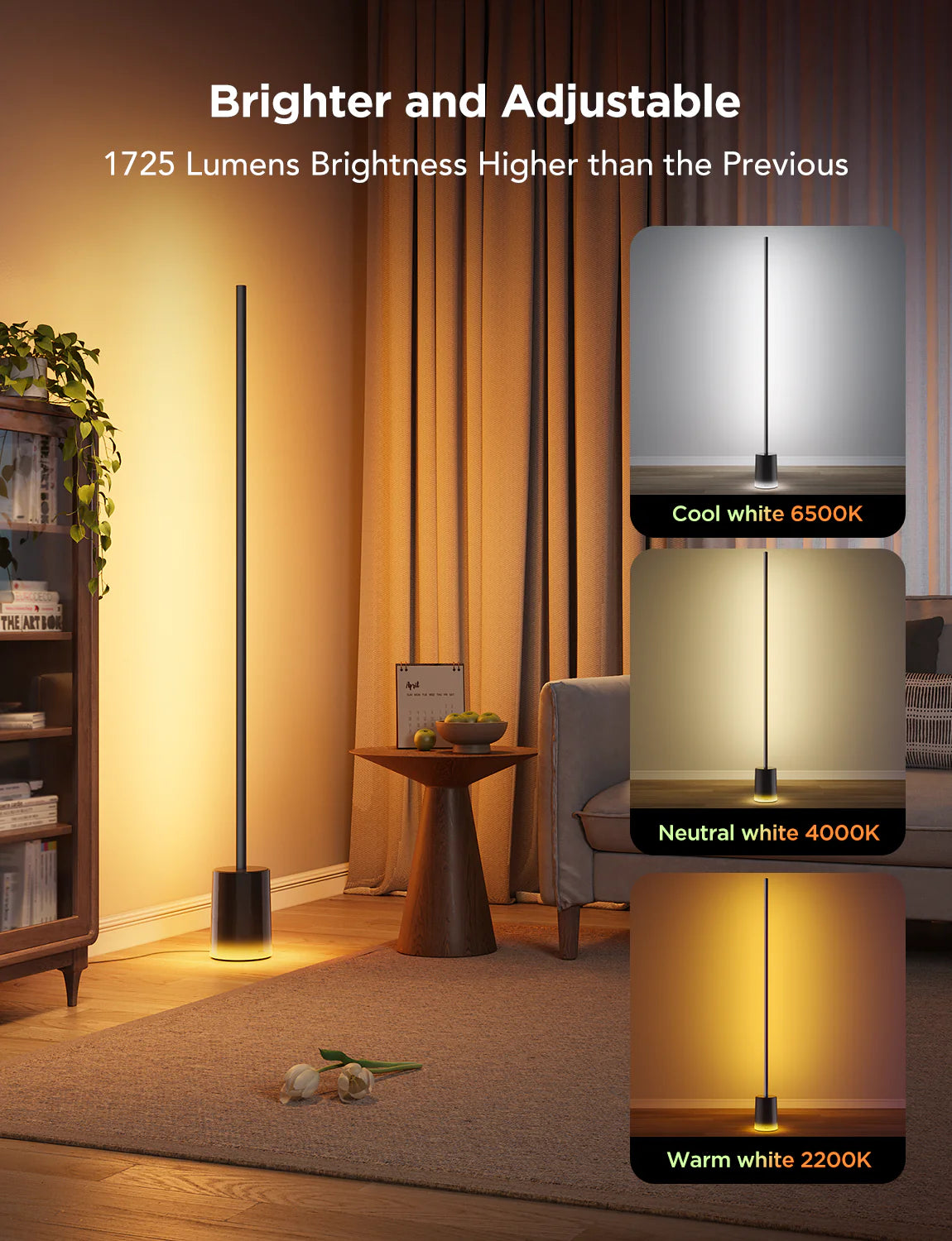 Govee Floor Lamp 2 im Wohnzimmer, daneben Vergleich der Farbtemperaturen 6500 K, 4000 K und 2200 K