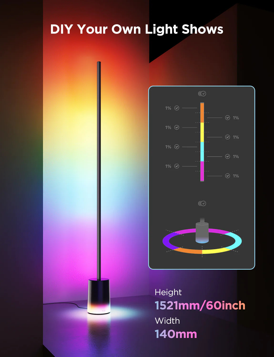 Govee Floor Lamp 2 mit Regenbogenverlauf, daneben DIY-Segmentsteuerung und Maßangabe 1521 mm Höhe
