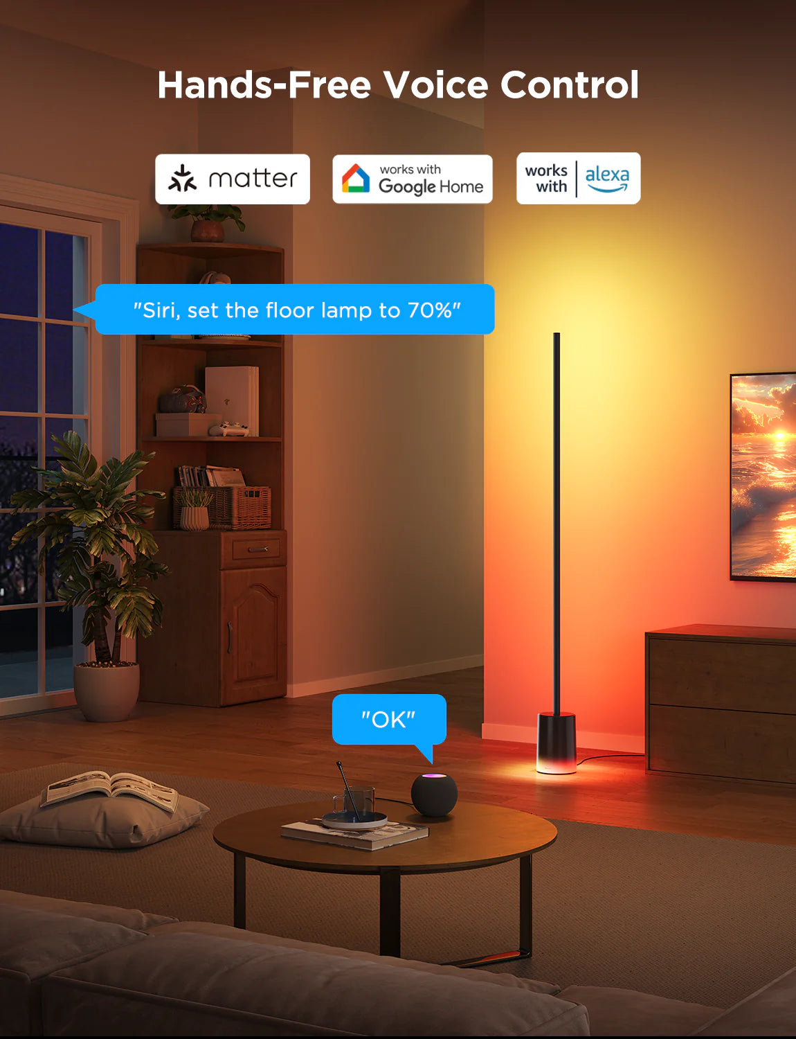 Govee Floor Lamp 2 leuchtet orange im Wohnzimmer, Sprachsteuerung über Matter, Alexa und Google Home