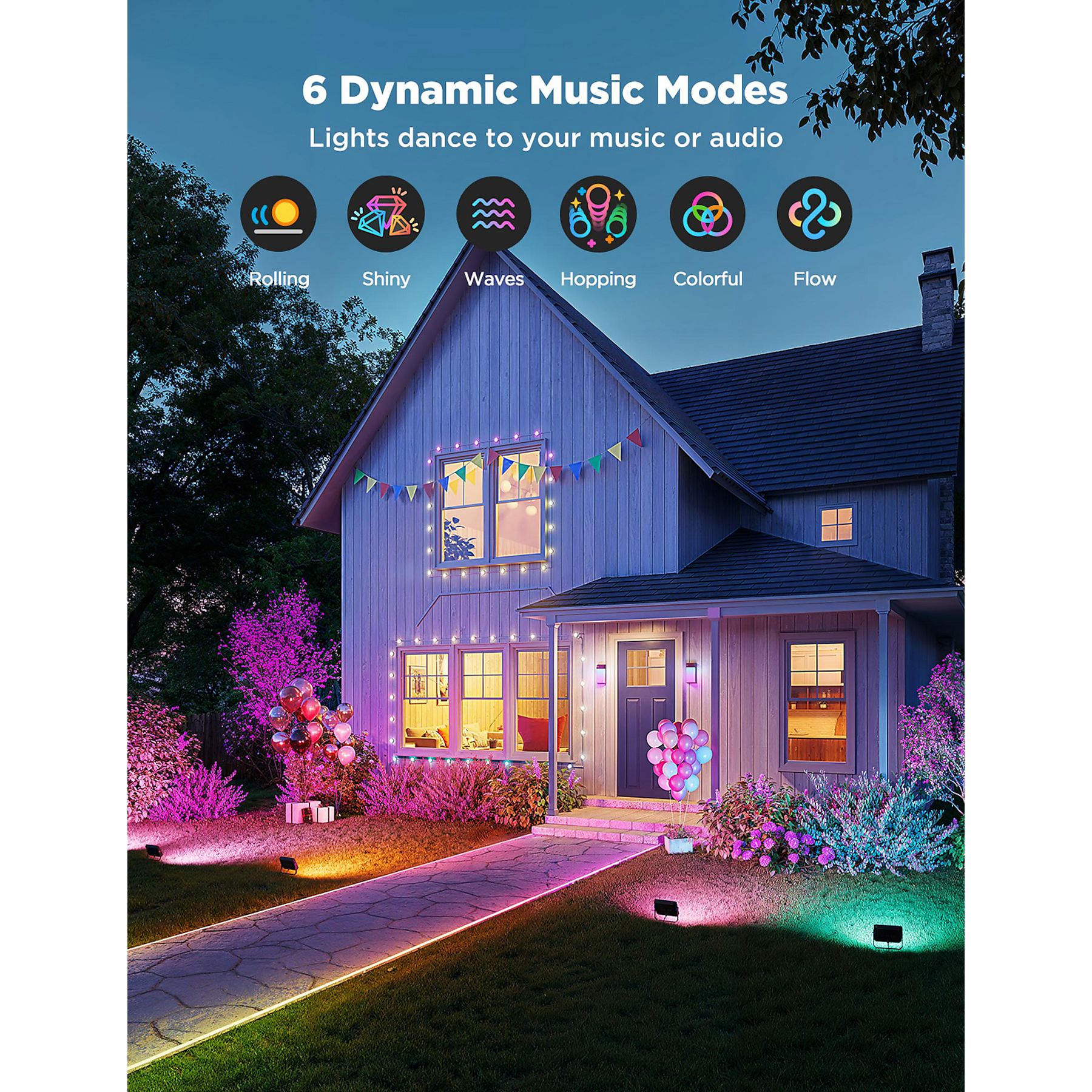 Govee Outdoor Ground Lights 2 im Rasen strahlen Fassade und Büsche bunt an, sechs Musikmodi als Symbole