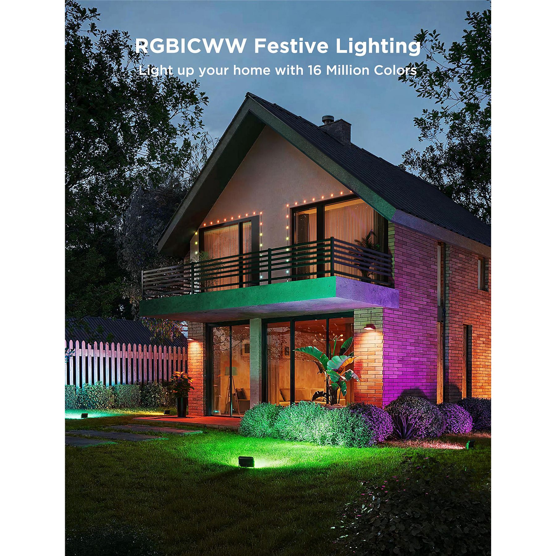 Govee Outdoor Ground Lights 2 tauchen Hausfassade mit Balkon und Sträucher in Grün und Violett