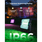 Govee Outdoor Ground Lights 2 im Regen auf dem Rasen, Hinweis auf IP66 und -20 bis 40 Grad Celsius