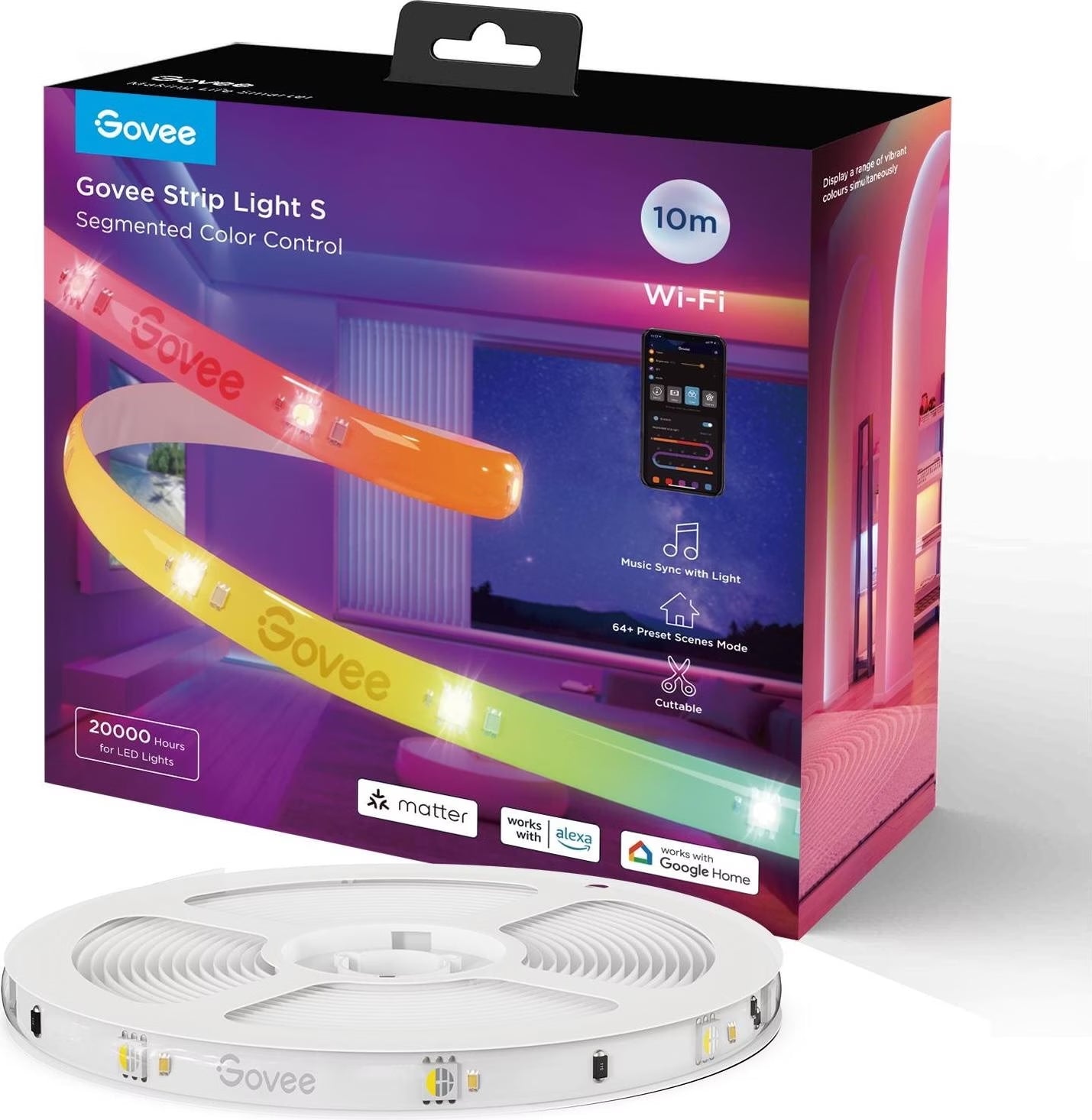 Govee LED Strip Light S in der 10-m-Verpackung, davor die aufgerollte Lichtleiste