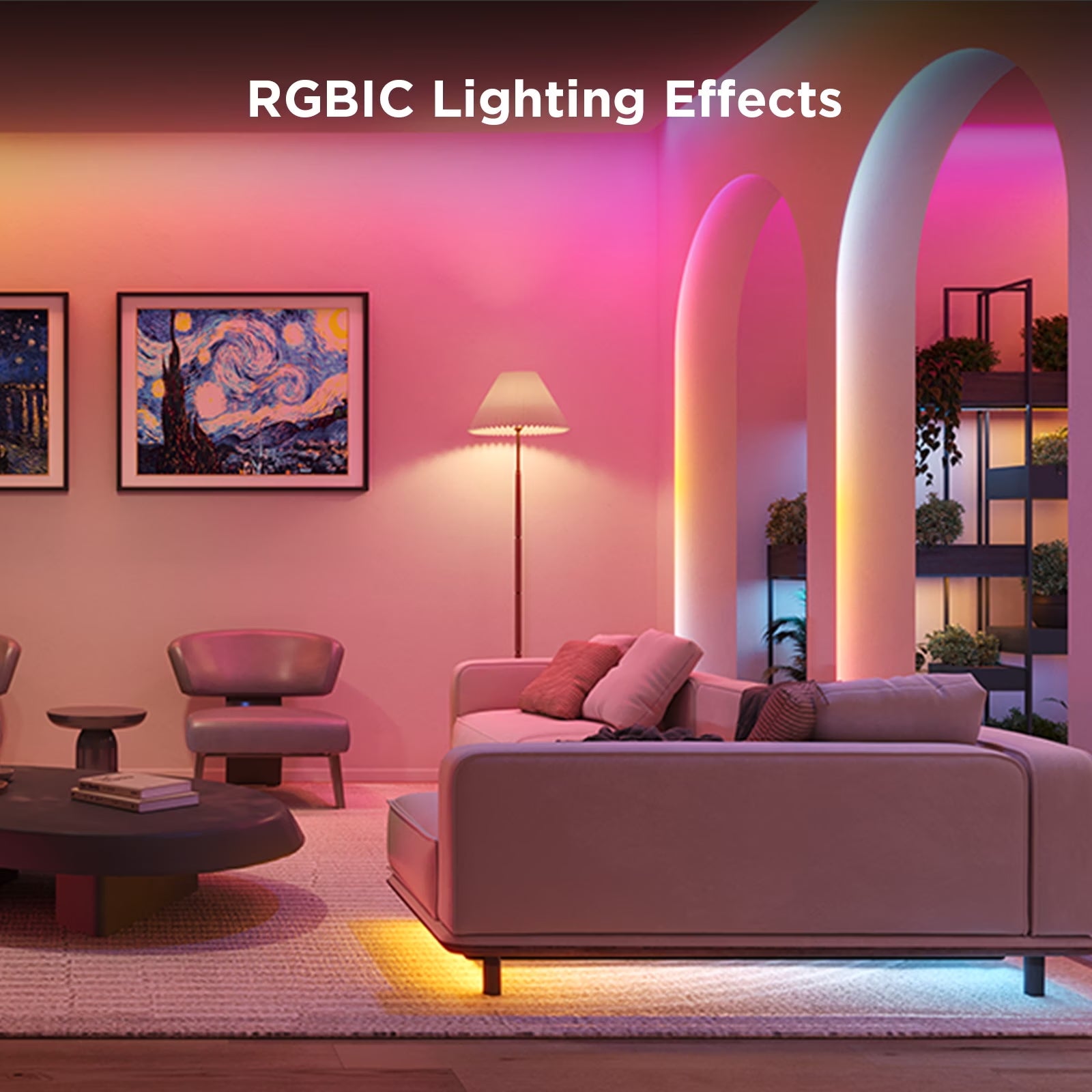 Wohnzimmerecke mit Govee LED Strip Light S in Pink an Wandbögen, Sofasockel und Pflanzenregal