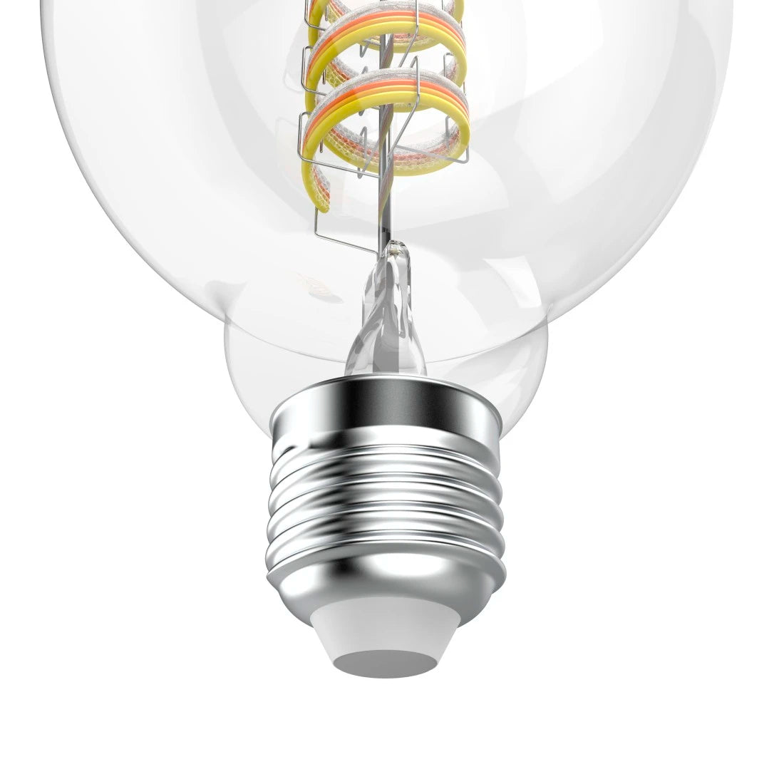 E27-Sockel der Hama Retro-LED Lampe Globe in Nahaufnahme, Filament im runden Glaskolben