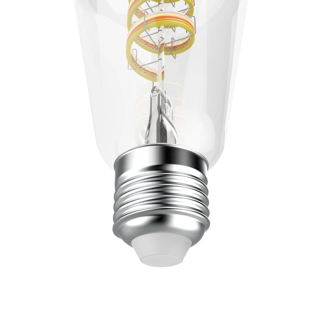 E27-Sockel der Hama Smarten Retro-LED Lampe in Nahaufnahme, Spiralfilament im Klarglas