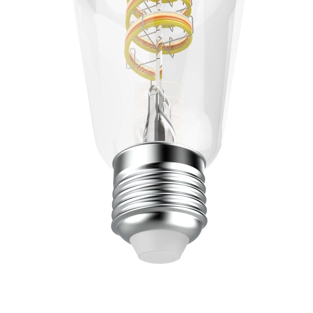 E27-Sockel der Hama Smarten Retro-LED Lampe in Nahaufnahme, Spiralfilament im Klarglas