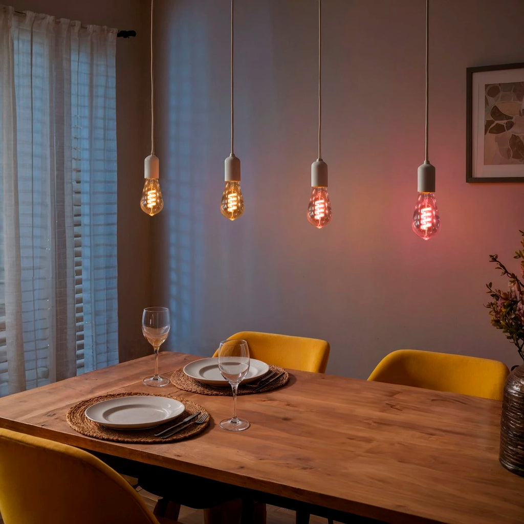 Vier Hama Retro-LED Lampen über gedecktem Esstisch, Licht von Bernstein bis Rot
