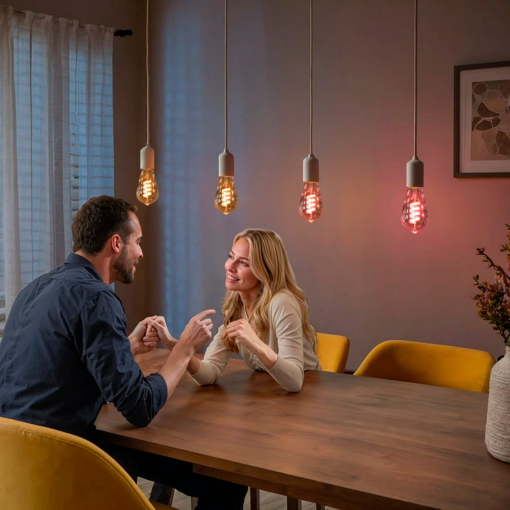 Paar am Esstisch unter vier Hama Retro-LED Lampen in Orange- und Rottönen