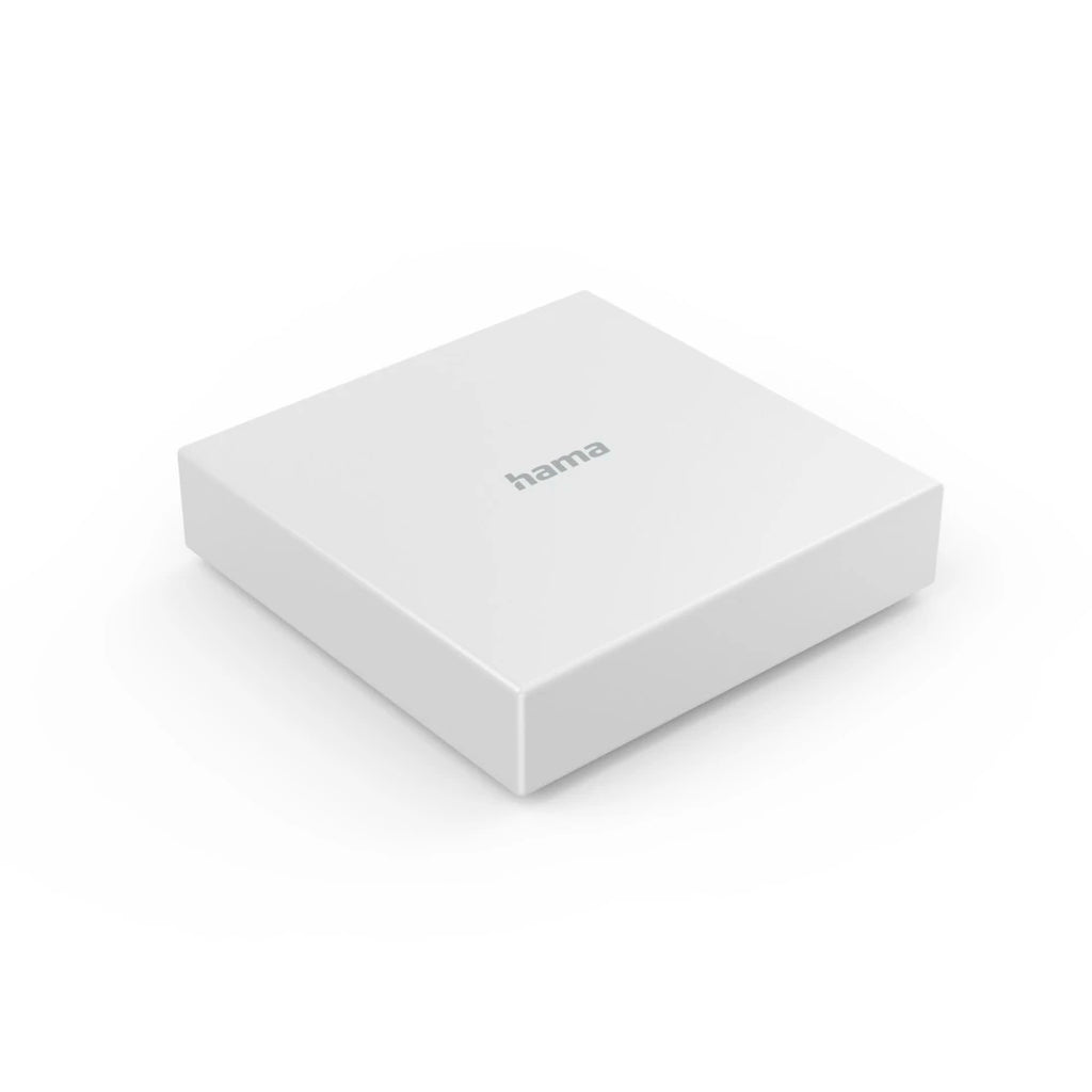 Hama Smart-Home-Hub, flaches weißes Gehäuse mit hama-Schriftzug, schräg von oben
