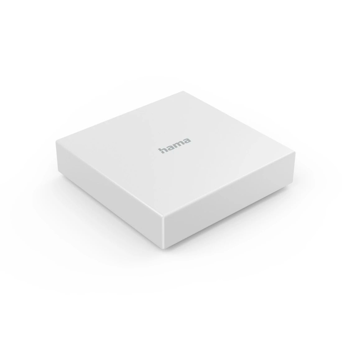 Hama Smart-Home-Hub, flaches weißes Gehäuse mit hama-Schriftzug, schräg von oben