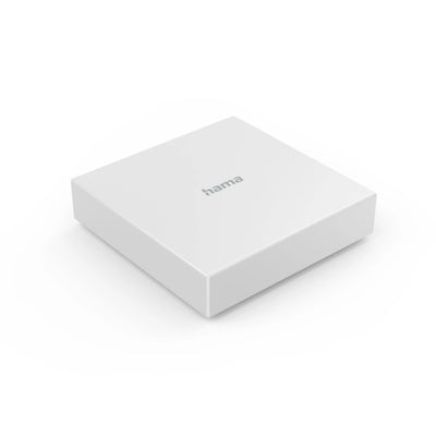 Hama Smart-Home-Hub, flaches weißes Gehäuse mit hama-Schriftzug, schräg von oben