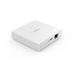 Hama Smart-Home-Hub von der Anschlussseite mit LAN-Buchse, USB-C-Anschluss und Status-LED