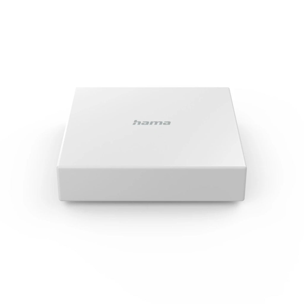 Smart-Home-Hub von Hama frontal von oben, quadratisches weißes Gehäuse mit mittigem Logo