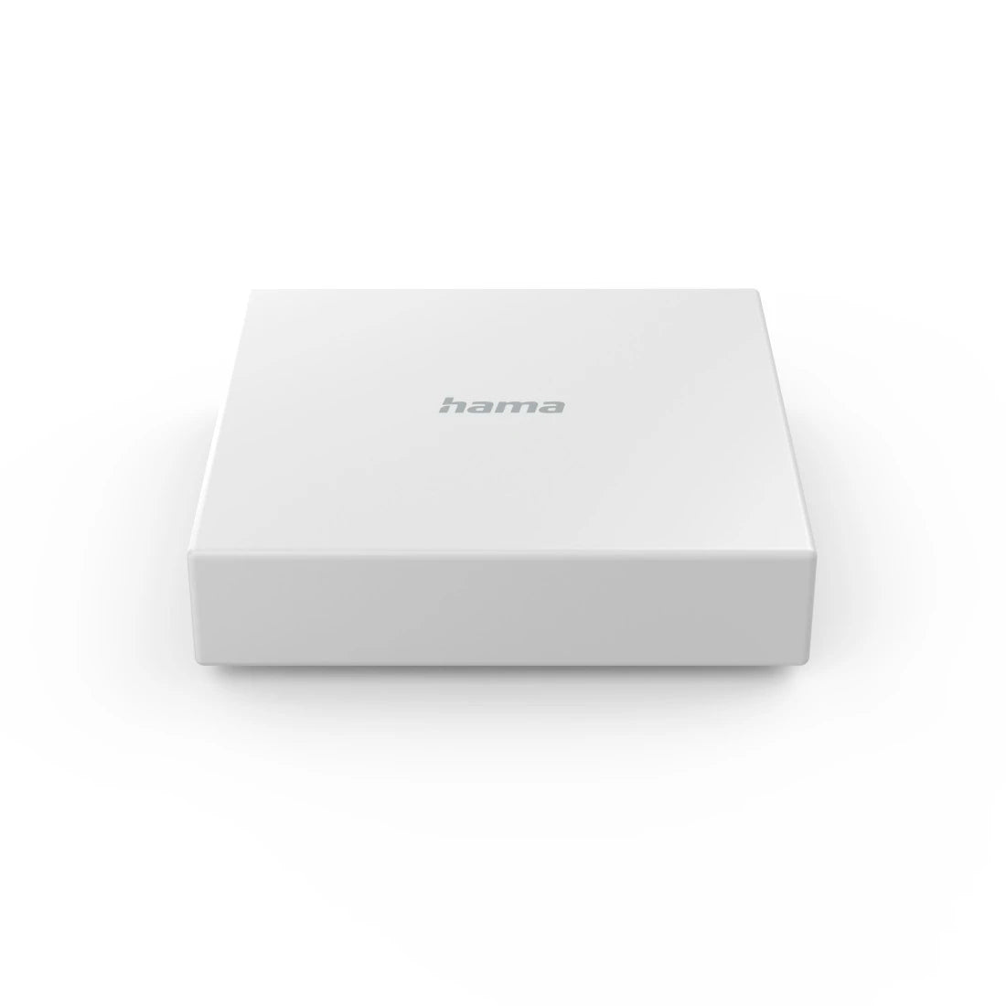 Smart-Home-Hub von Hama frontal von oben, quadratisches weißes Gehäuse mit mittigem Logo