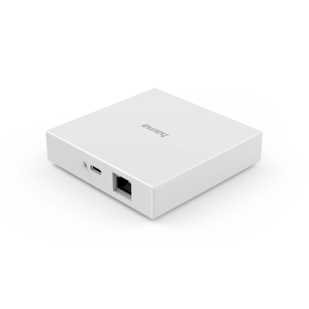 Hama Smart-Home-Hub schräg von vorn, Ethernet-Port, USB-C-Buchse und LED an der Gehäusekante