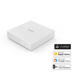Hama Smart-Home-Hub neben Logos für Matter, Apple Home, Google Home und Sprachassistenten