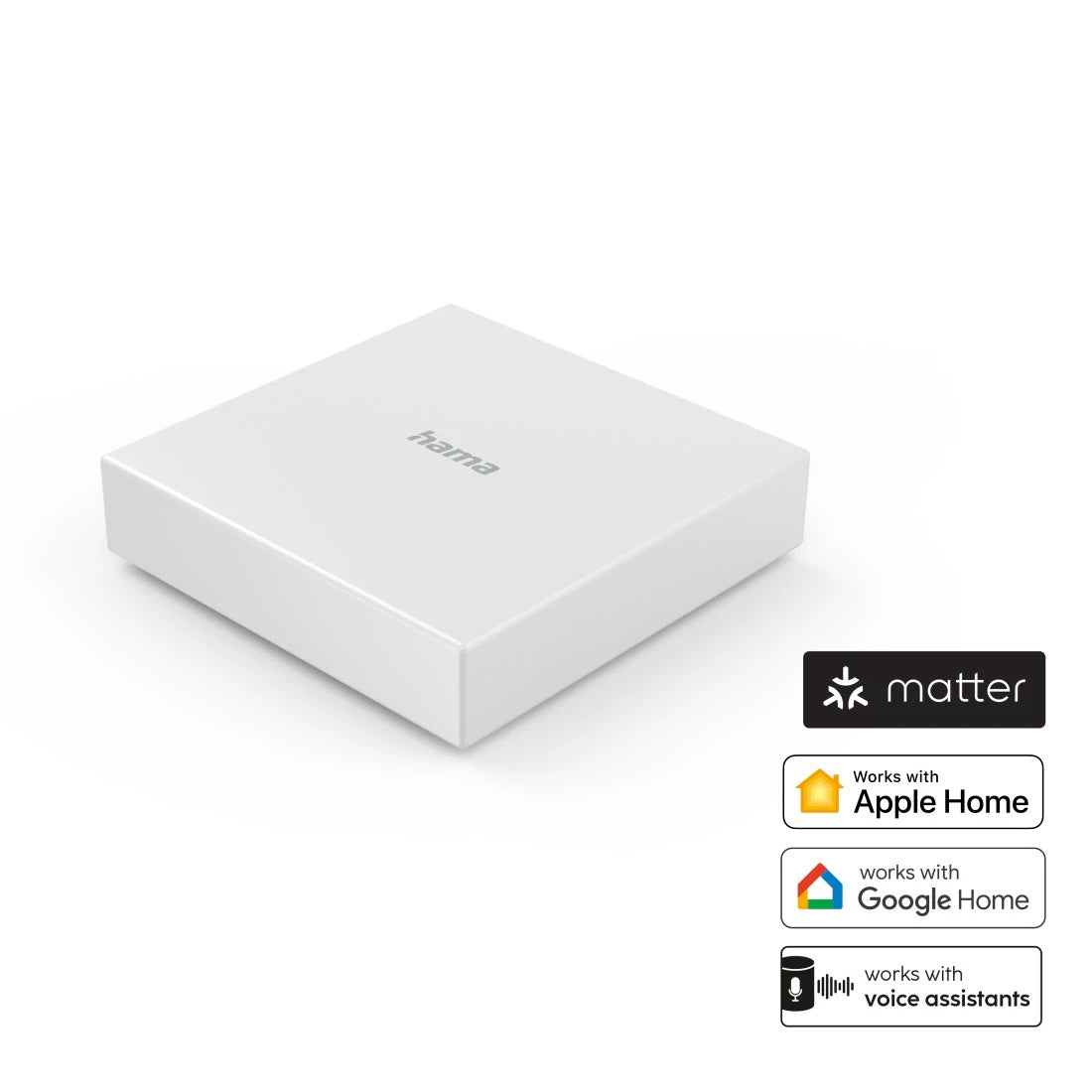 Hama Smart-Home-Hub neben Logos für Matter, Apple Home, Google Home und Sprachassistenten