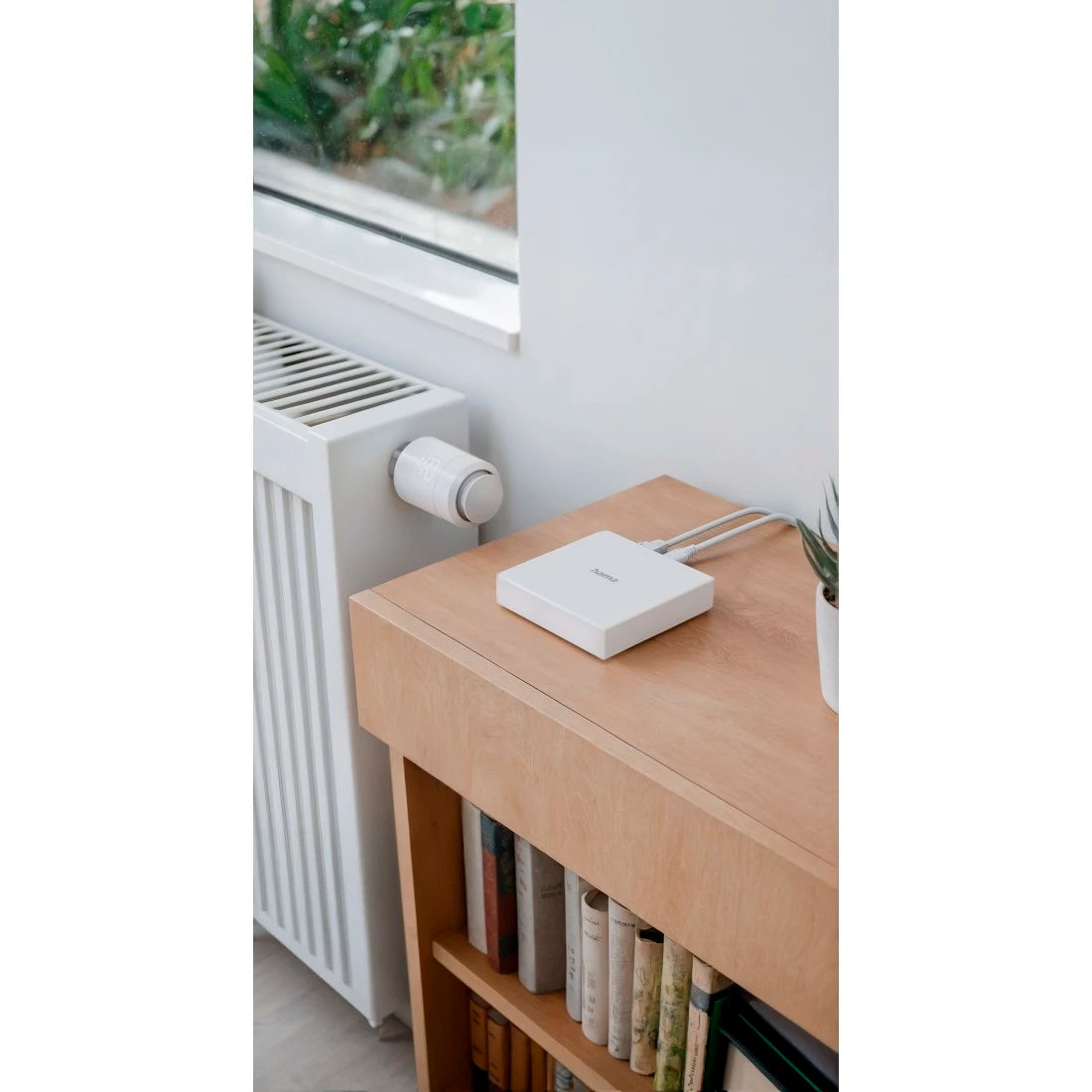 Hama Smart-Home-Hub angeschlossen auf einem Holzsideboard am Fenster, im Hintergrund ein Heizkörperthermostat